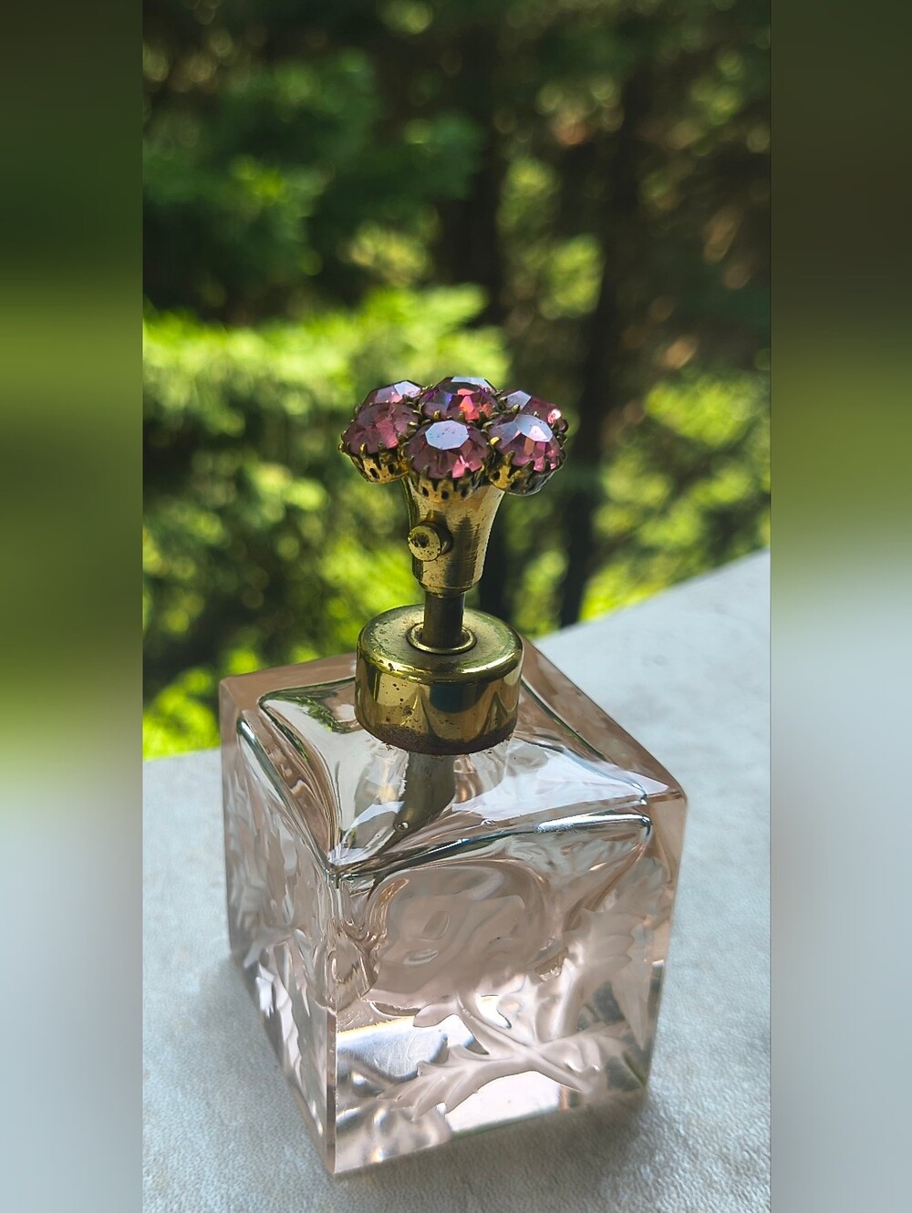 Vintage Mid-Century Frosted Rose Glass Perfume Bottle Atomizer Pink Rhinestones